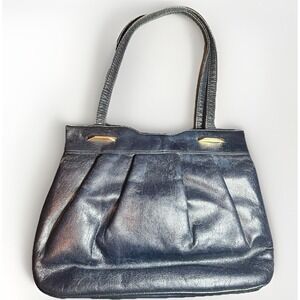 Vintage Navy Blue‎ Leather Structured Handbag Gold Frame Clasp